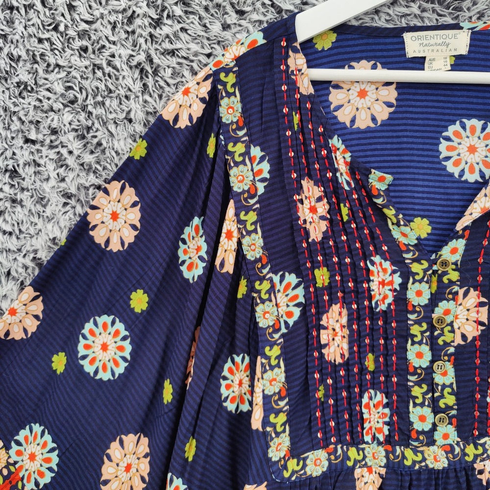 Orientique Womens Boho Floral Pintuck Peasant Blouse Large Navy Blue Wide Sleeve - Picture 11 of 16